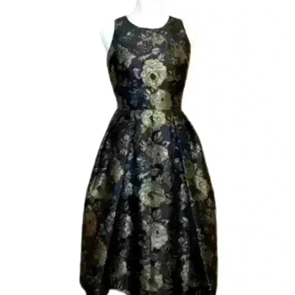 Ann Taylor Factory Black Gold Foil Floral Sleeveless Dress Fit & Flare - Picture 15 of 16